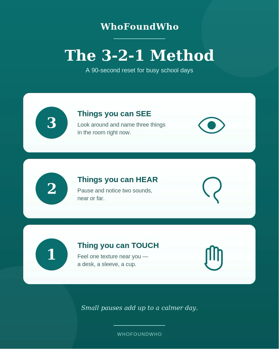 The 3-2-1 Method, a 90-second reset for busy school days: three things you can see, two things you can hear, one thing you can touch. Small pauses add up to a calmer day.